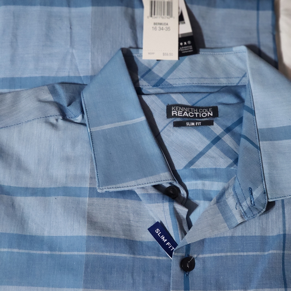 Kenneth Cole Reaction Blue Plaid Slim Fit Men's Shirt